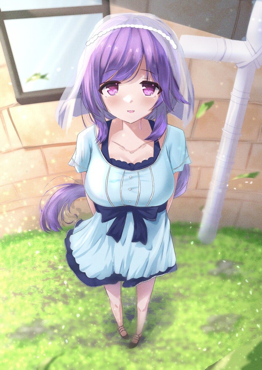 1girl, :d, absurdres, aqua_dress, blue_bow, blue_ribbon, blurry, blush