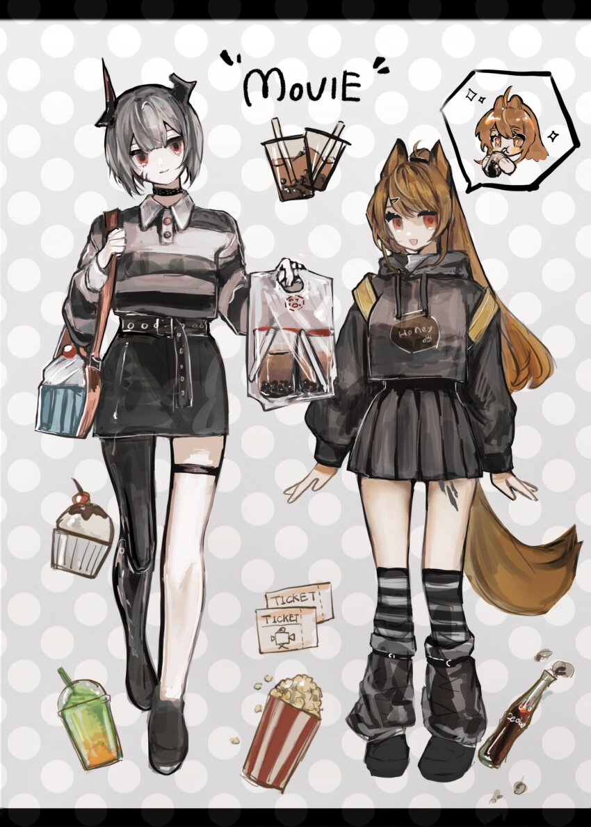 2girls, :o, alternate_costume, animal_ears, arknights, arms_at_sides, asymmetrical_legwear, bag