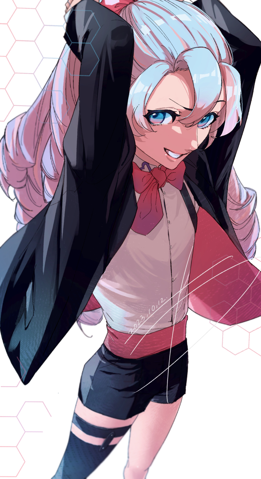 1boy, absurdres, alternate_costume, alternate_hairstyle, blue_eyes, blue_hair, drill_hair, fire_emblem, fire_emblem_engage, grin, highres, jacket, long_hair, long_sleeves, looking_at_viewer, nintendo, ponytail, rosado_(fire_emblem), shirt, shorts, simple_background, smile, solo, trap, wa_gamc, white_background