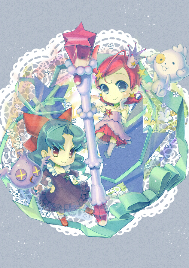 +_+, 2girls, :3, ahoge, aqua_hair, baton, bird, blue_eyes