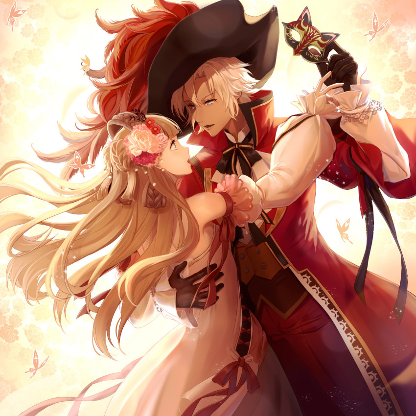 1boy, 1girl, black_gloves, black_headwear, blue_eyes, braid, brown_hair, bug, butterfly, couple, craple, dancing, dark-skinned_male, dark_skin, detached_sleeves, eye_contact, flower, gloves, hair_between_eyes, hair_flower, hair_ornament, haitaka_no_psychedelica, hat_feather, hetero, highres, holding, holding_mask, insect, long_hair, long_sleeves, looking_at_another, lugus_(haitaka_no_psychedelica), mask, pink_butterfly, unworn_mask, white_hair