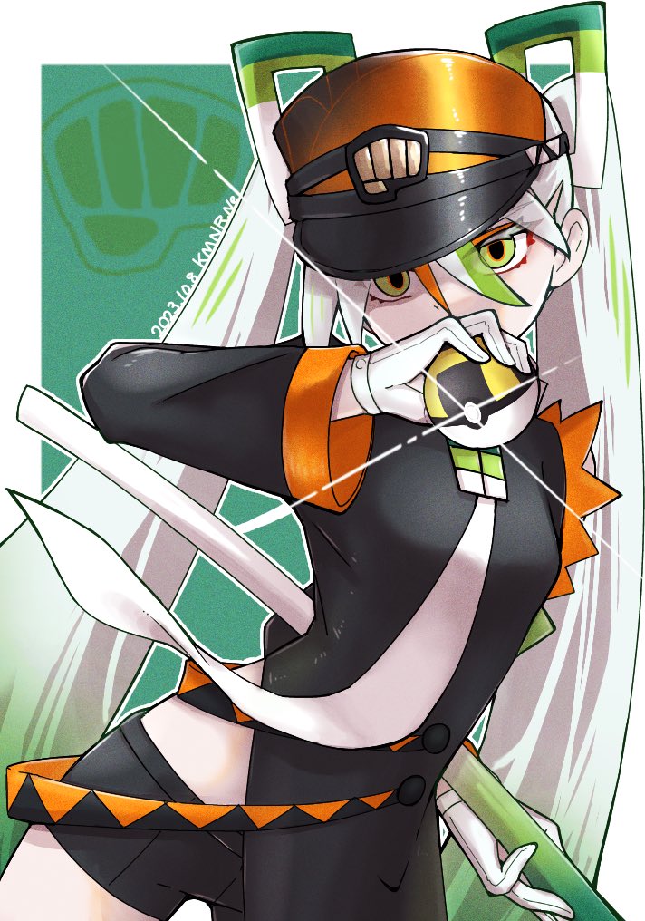 1girl, bike_shorts, black_coat, coat, commentary, eyeshadow, fighting_miku_(project_voltage), food