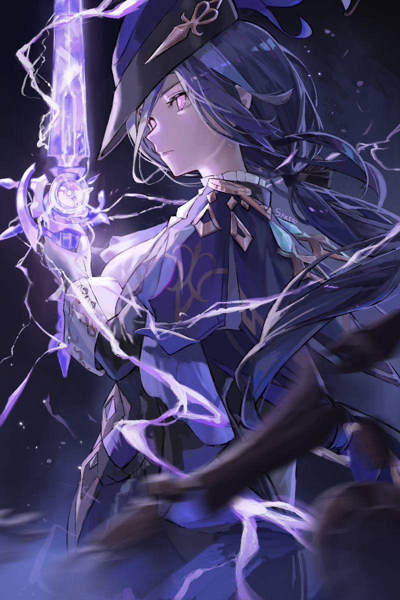 1girl, blue_cape, blue_hair, blue_hat, breasts, cape, clorinde_(genshin_impact), electricity, electrokinesis, epaulettes, genshin_impact, gloves, hat, hat_feather, highres, long_hair, medium_breasts, purple_eyes, sakiyo, solo, tricorne, white_gloves