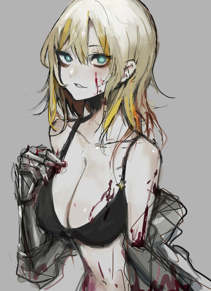 1girl, absurdres, bags_under_eyes, black_bra, blonde_hair, blood, blood_in_hair, blood_on_body
