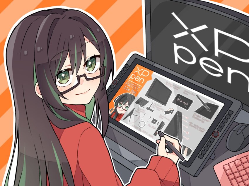 1girl, artist_self-insert, black-framed_eyewear, black_hair, drawing_tablet, from_behind, glasses, green_eyes