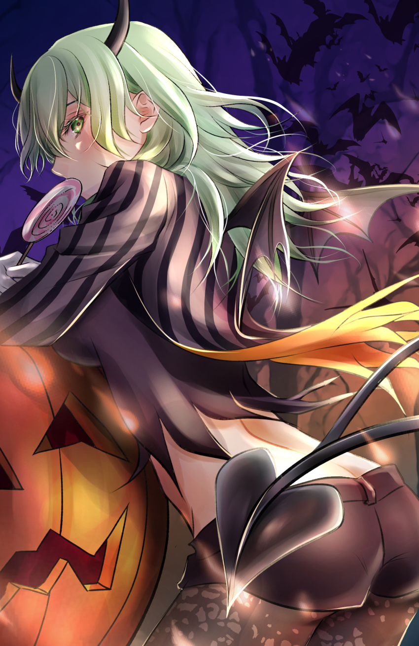 1girl, alternate_costume, ass, bat_(animal), black_shorts, blade_horns, brown_pantyhose, butt_crack, female_byleth_(awakened)_(fire_emblem), male_byleth_(halloween)_(fire_emblem), candy, commentary_request, cosplay, demon_horns, demon_tail, demon_wings, fake_horns, fake_tail, fake_wings, female_byleth_(fire_emblem), fire_emblem, fire_emblem:_three_houses, fire_emblem_heroes, food, from_behind, green_eyes, grey_hair, halloween, halloween_costume, highres, horns, kazu20200224, lollipop, long_hair, long_sleeves, looking_at_viewer, male_byleth_(fire_emblem), male_byleth_(fire_emblem)_(cosplay), midriff, mouth_hold, nintendo, pantyhose, profile, pumpkin, shorts, solo, tail, wings