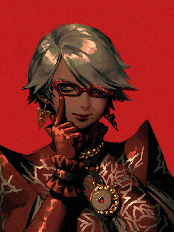 1girl, adjusting_eyewear, artist_name, asymmetrical_hair, bayonetta, bayonetta_(series), bead_choker, beads, bellhenge, blue_eyes, breasts, brooch, closed_mouth, collar, collared_shirt, commentary, cosplay, crescent_brooch, earrings, english_commentary, eyelashes, finger_on_eyewear, floating_earrings, frilled_collar, frilled_wrist_cuffs, frills, glasses, gleam, gloves, gold_choker, gold_earrings, hair_over_one_eye, high_collar, jeanne_(bayonetta), jeanne_(bayonetta)_(cosplay), jewelry, large_breasts, lipstick, long_sleeves, makeup, mascara, mole, mole_under_mouth, nintendo, palette_swap, red-framed_eyewear, red_background, red_gloves, red_lips, red_shirt, red_wrist_cuffs, shirt, short_hair, smile, solo, super_smash_bros., triangle_earrings, upper_body, white_hair, wrist_cuffs