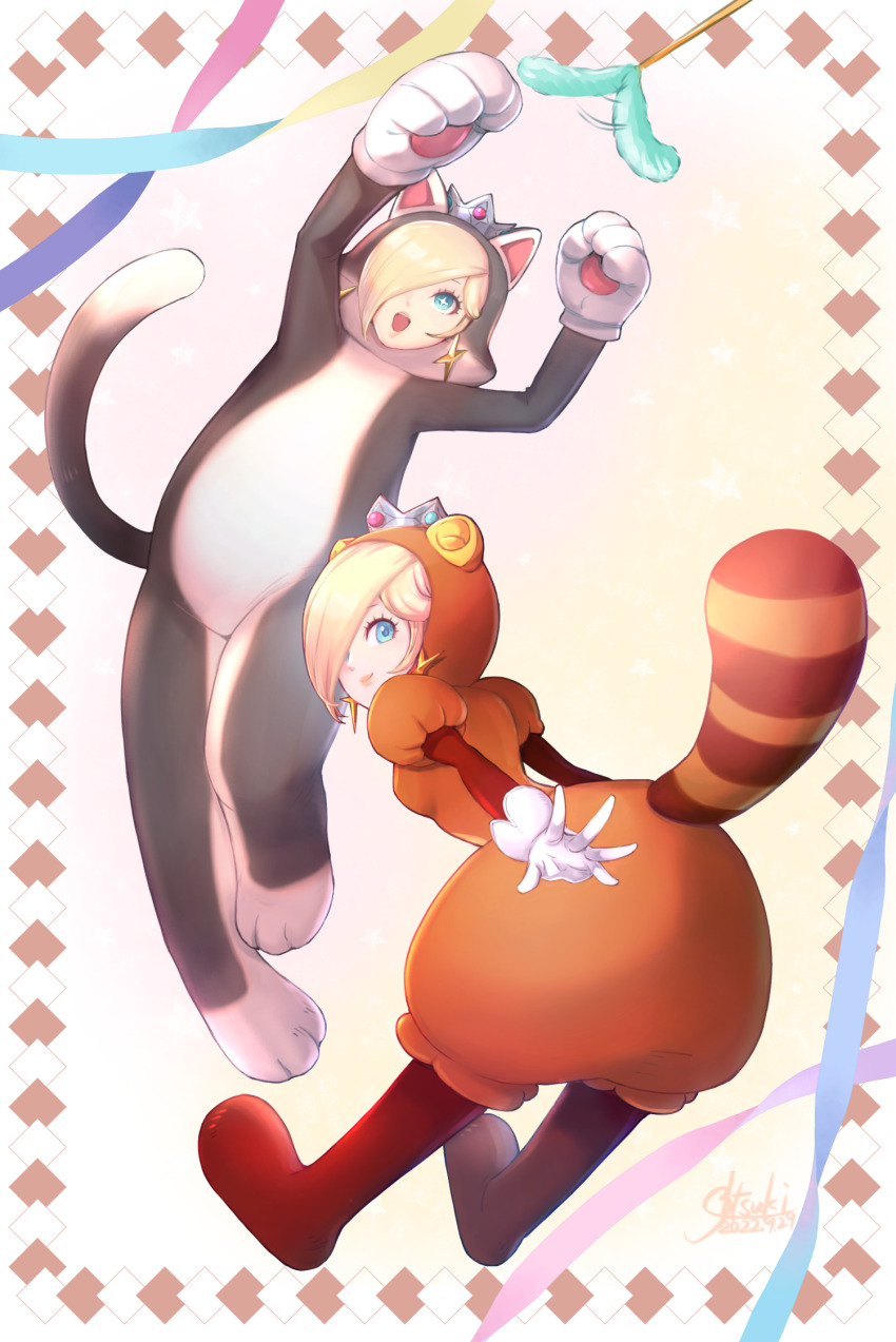 +_+, 2girls, afterimage, animal_costume, animal_ears, animal_hands, ass, asymmetrical_bangs