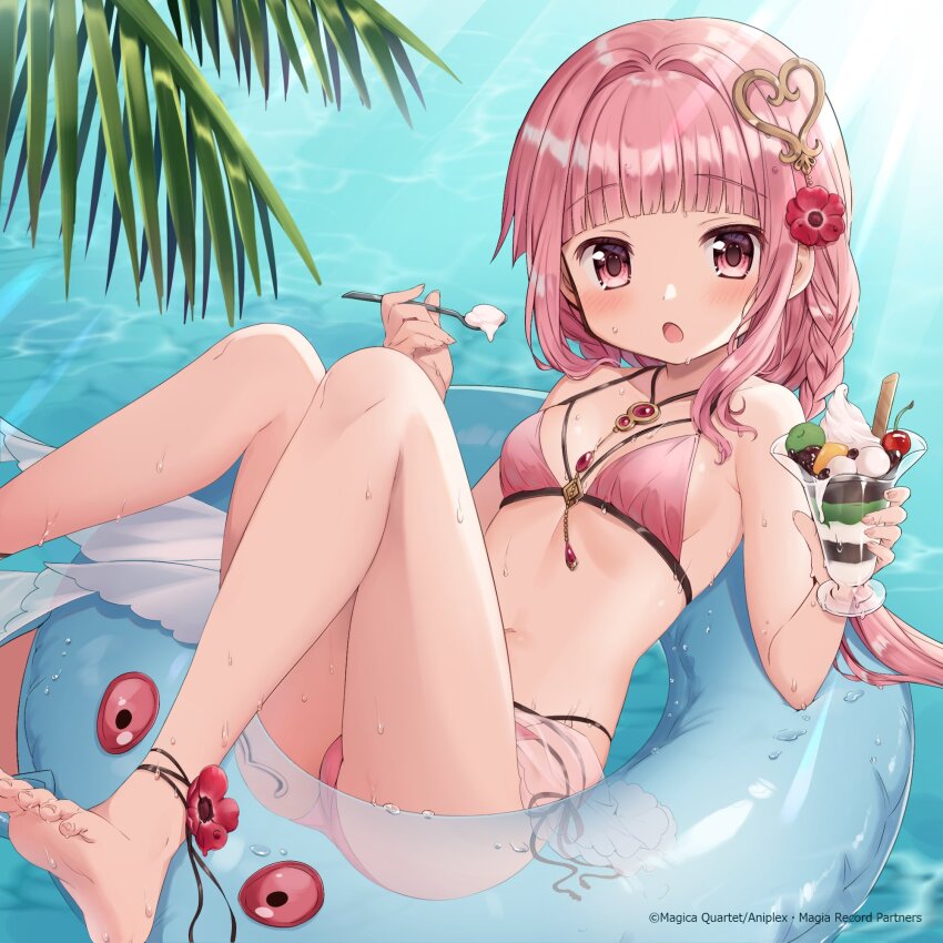 1girl, artist_collaboration, bikini, colorized, derivative_work, food, hair_between_eyes, hair_ornament, highres, ice_cream, innertube, jewelry, magia_record:_mahou_shoujo_madoka_magica_gaiden, mahou_shoujo_madoka_magica, mochiko_(uyu_omochi), navel, nurimas, official_art, open_mouth, pink_bikini, pink_hair, punyan, red_eyes, solo, stomach, swim_ring, swimsuit, tamaki_iroha, tamaki_iroha_(swimsuit_ver.), water