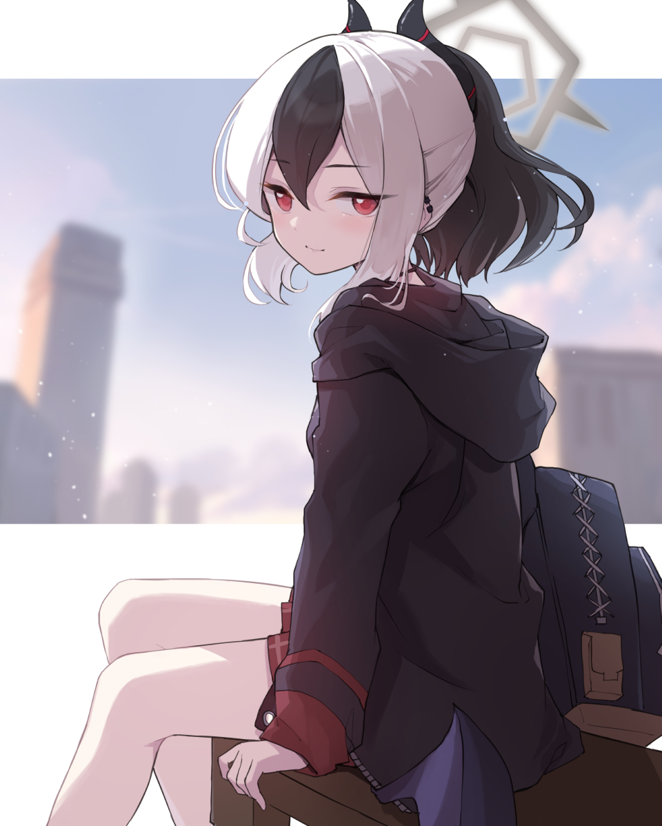 1girl, bag, black_hair, black_hoodie, black_horns, blue_archive, blue_bag, blue_sky