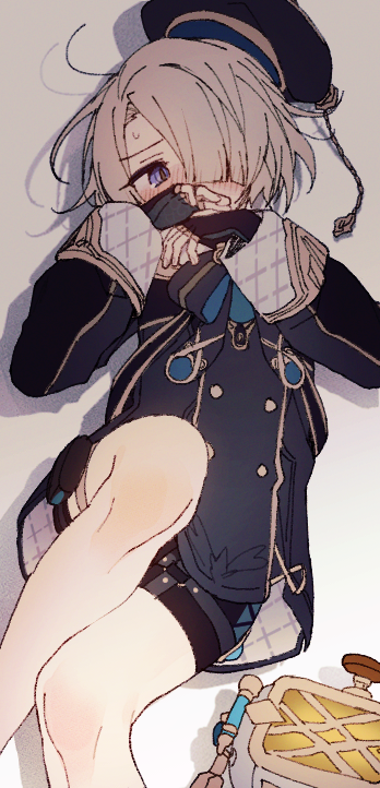 1boy, beret, black_hat, black_shorts, blush, coojisan, fingerless_gloves, freminet_(genshin_impact)