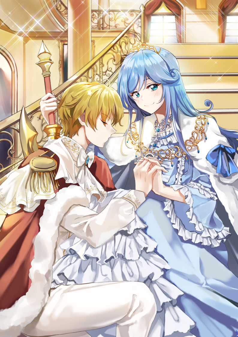 1boy, 1girl, aqua_eyes, ascot, bell_sleeves, blue_dress, blue_gem, blue_hair