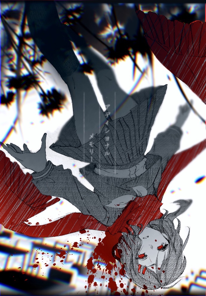 1girl, additional_memory_(vocaloid), azuma_kurumi, blood, blood_splatter, blurry, blurry_background, blurry_text