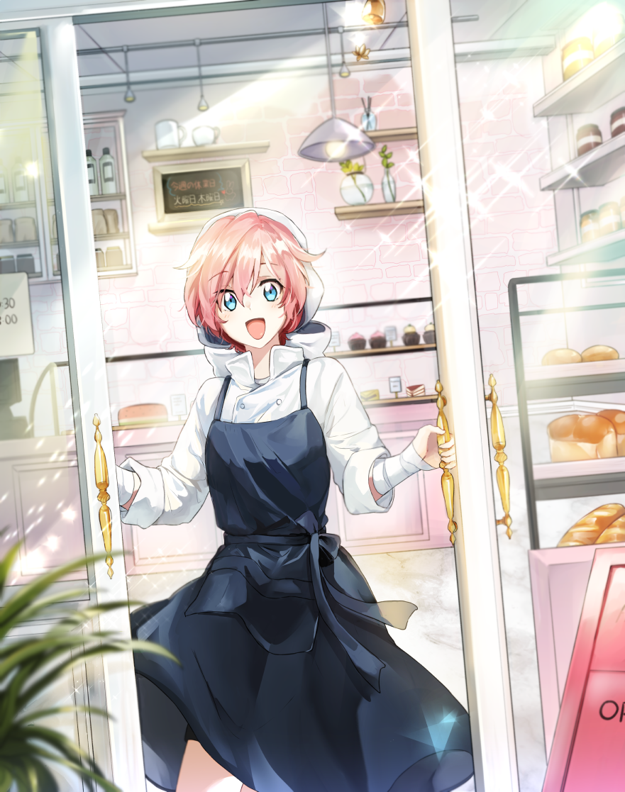 1girl, :d, apron, bag, baguette, bakery, bandaged_arm, bandages