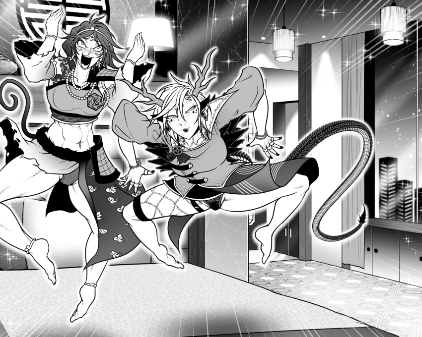 2girls, abs, antlers, armor, barefoot, bead_necklace, beads, bed