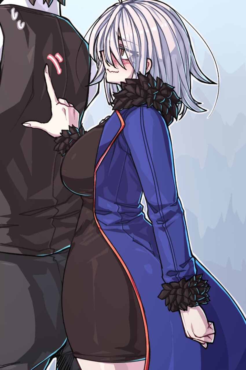 1boy, 1girl, ahoge, assertive_female, back, black_dress, black_hair, blue_coat