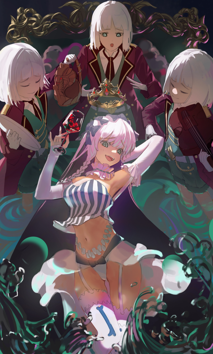 1girl, 3boys, absurdres, alcohol, armpits, bare_shoulders, black_bow, black_coat