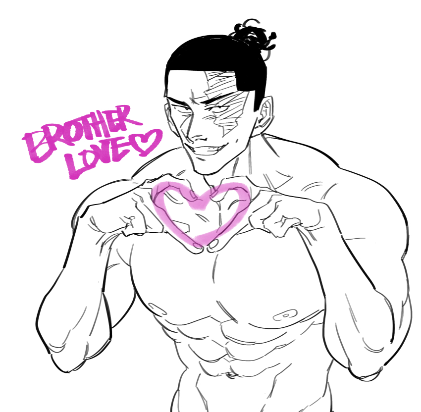 1boy, abs, bara, black_hair, english_text, greyscale, grin, heart