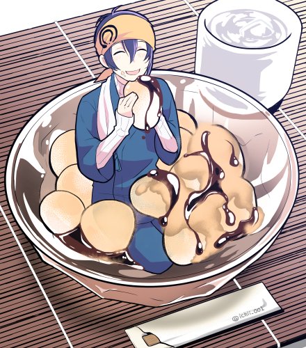 1boy, :d, ^_^, asymmetrical_sidelocks, blue_hair, blue_pants, blue_shirt, bowl