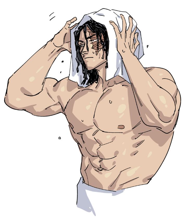 1boy, abs, after_bathing, bara, black_hair, cropped_legs, drying, drying_hair, drying_own_hair, expressionless, hands_on_own_head, jujutsu_kaisen, large_pectorals, looking_ahead, looking_at_viewer, male_focus, muscular, muscular_male, navel, nipples, pectorals, poopvirus, sanpaku, scar, scar_across_eye, scar_on_face, short_hair, sideburns, solo, stomach, thick_eyebrows, topless_male, toudou_aoi_(jujutsu_kaisen), towel, towel_around_waist, towel_on_head, v-taper, wet, wet_hair