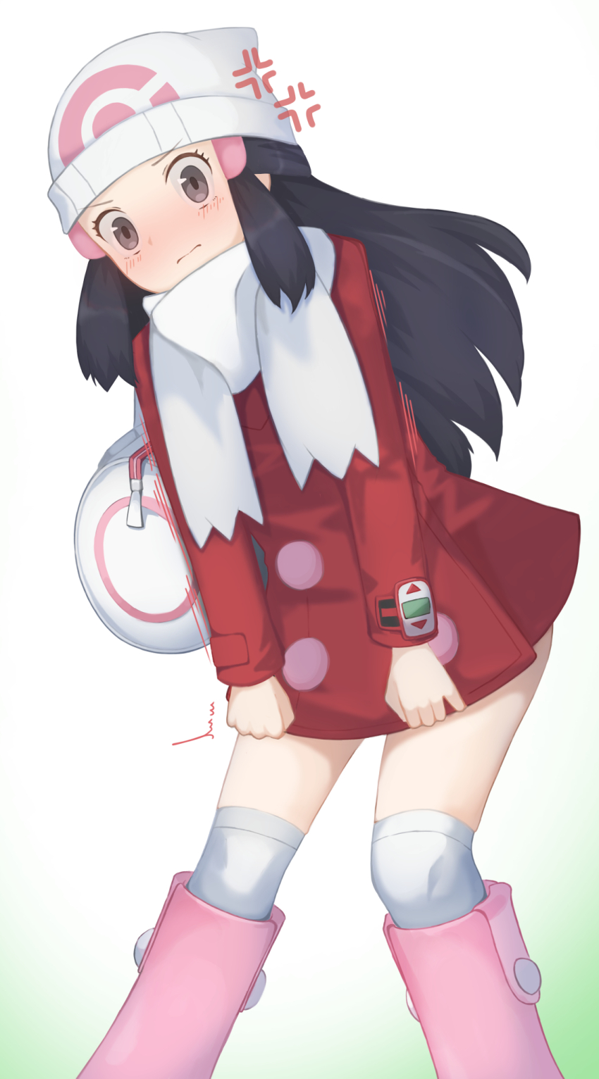 1girl, akacolor, anger_vein, bag, beanie, black_hair, blush, boots, buttons, closed_mouth, coat, commentary_request, dawn_(pokemon), duffel_bag, eyelashes, grey_eyes, hair_ornament, hairclip, hat, highres, leaning, long_hair, long_sleeves, nintendo, over-kneehighs, pink_boots, pokemon, pokemon_diamond/pearl/platinum, pokemon_platinum, red_coat, scarf, short_coat, sidelocks, solo, thighhighs, white_background, white_bag, white_hat, white_scarf