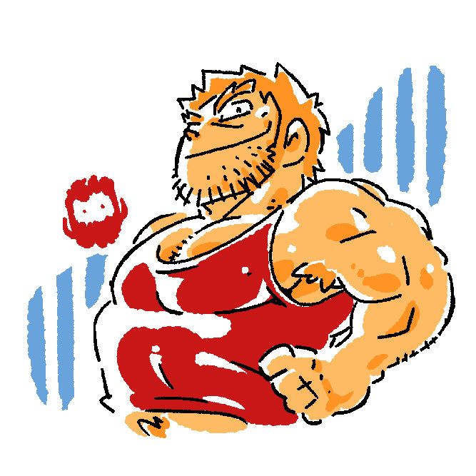 1boy, alternate_muscle_size, bara, beard_stubble, brown_hair, character_request, chest_hair, chibi