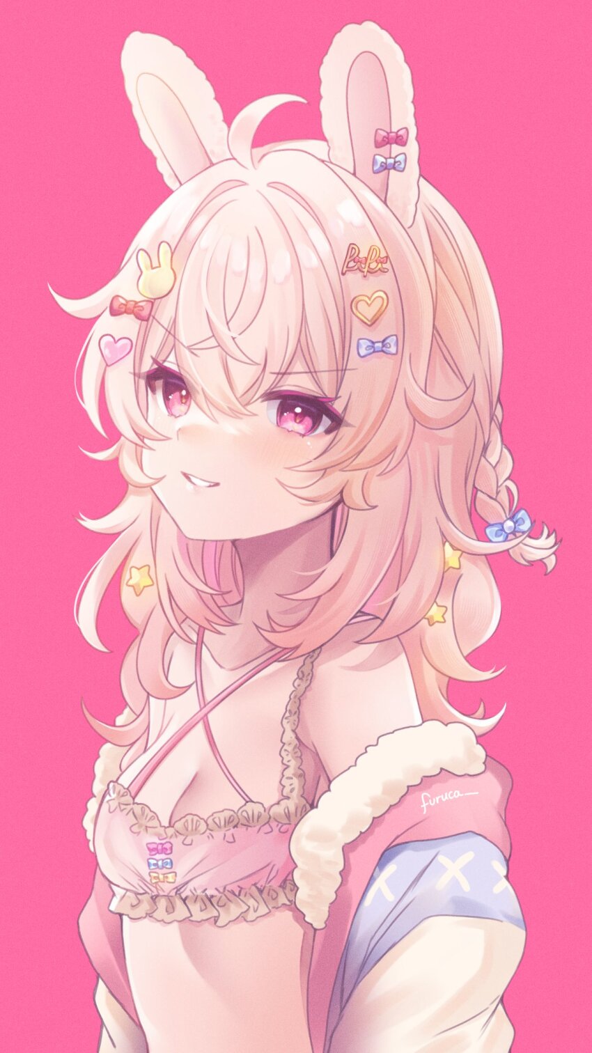 ahoge, animal_ears, bandeau, blue_bow, bow, braid, breasts, cleavage, criss-cross_halter, ear_ornament, fur-trimmed_jacket, fur_trim, furuca, hair_between_eyes, hair_bow, hair_ornament, halterneck, heart, heart_hair_ornament, highres, jacket, long_hair, multicolored_jacket, phase_connect, pink_background, pink_bandeau, pink_eyes, pink_hair, pipkin_pippa, rabbit_ears, rabbit_girl, rabbit_hair_ornament, red_bow, signature, small_breasts, star_(symbol), star_hair_ornament, upper_body, virtual_youtuber, yellow_bow