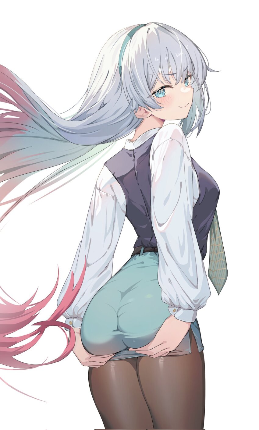 1girl, ass_support, belt, blue_eyes, blue_headband, blue_skirt, blue_vest, blush