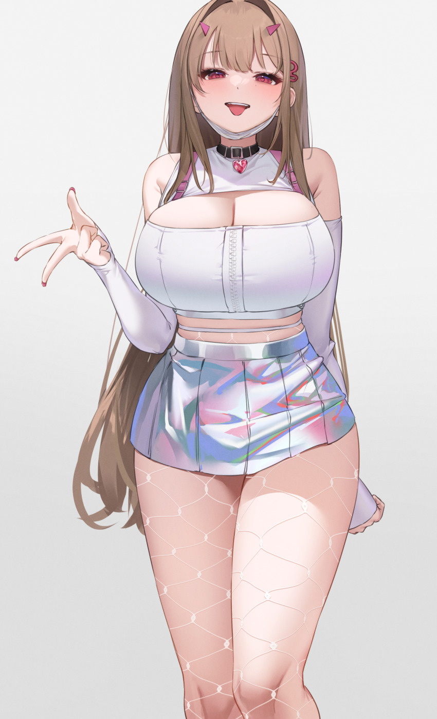 1girl, blush, breasts, brown_hair, cleavage, cleavage_cutout, clothing_cutout, detached_sleeves