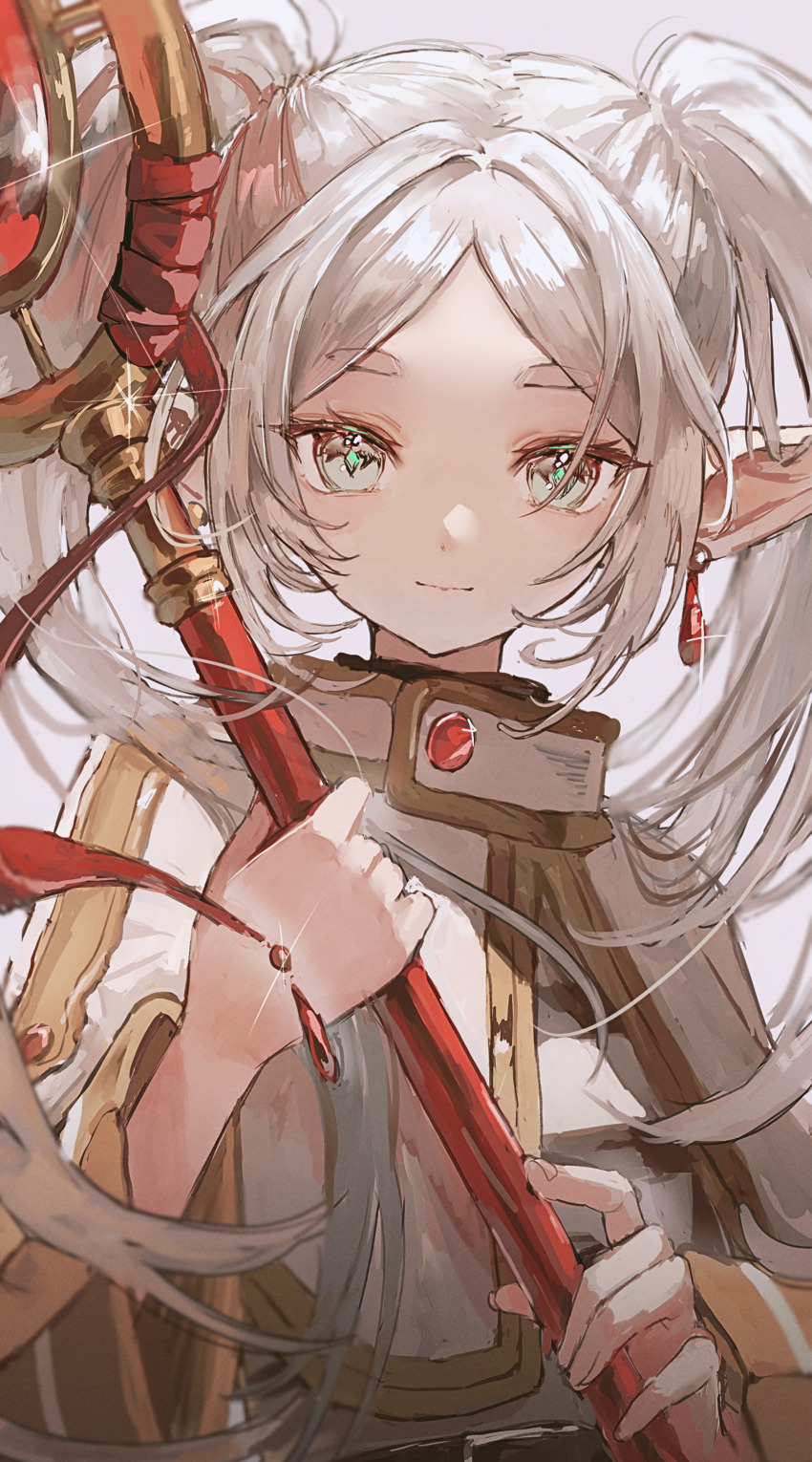 1girl, absurdres, capelet, closed_mouth, commentary, earrings, elf, frieren