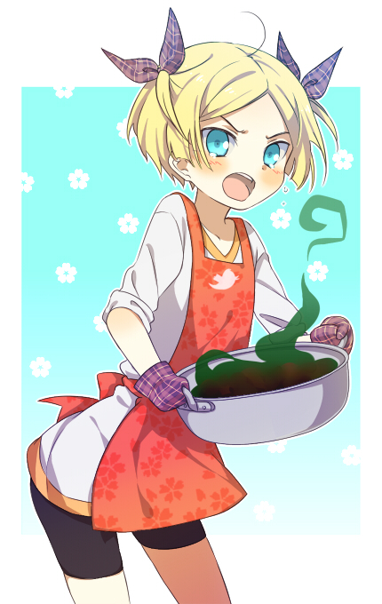 1girl, ahoge, apron, bad_id, bad_pixiv_id, blonde_hair, blue_eyes, blush