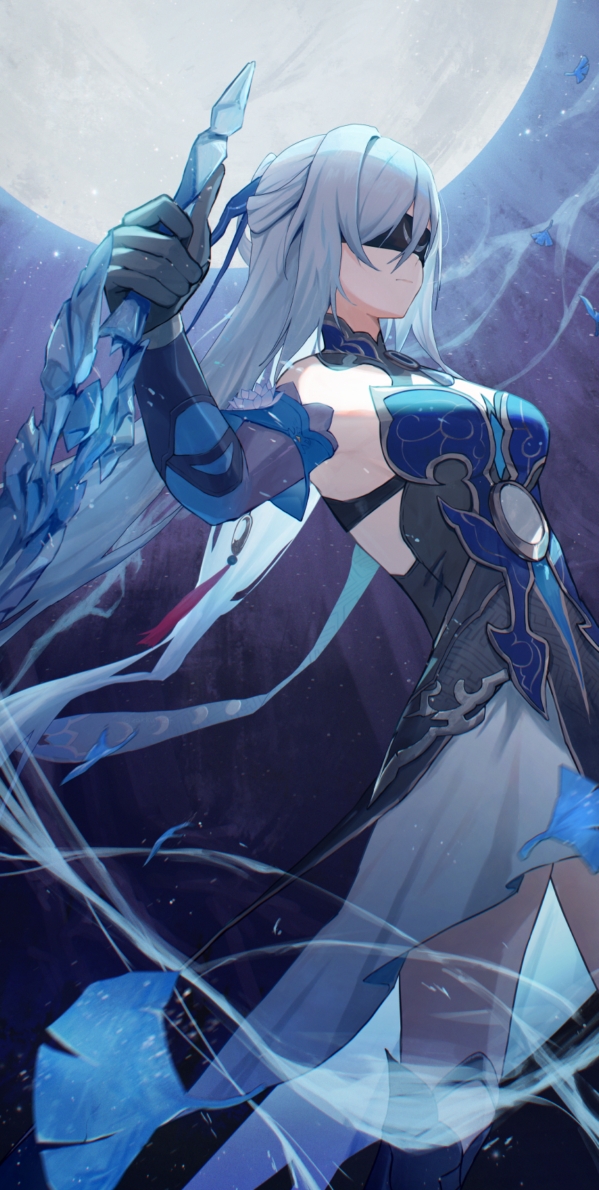 1girl, armpits, black_gloves, blindfold, blue_dress, blue_sleeves, chinese_clothes, cowboy_shot