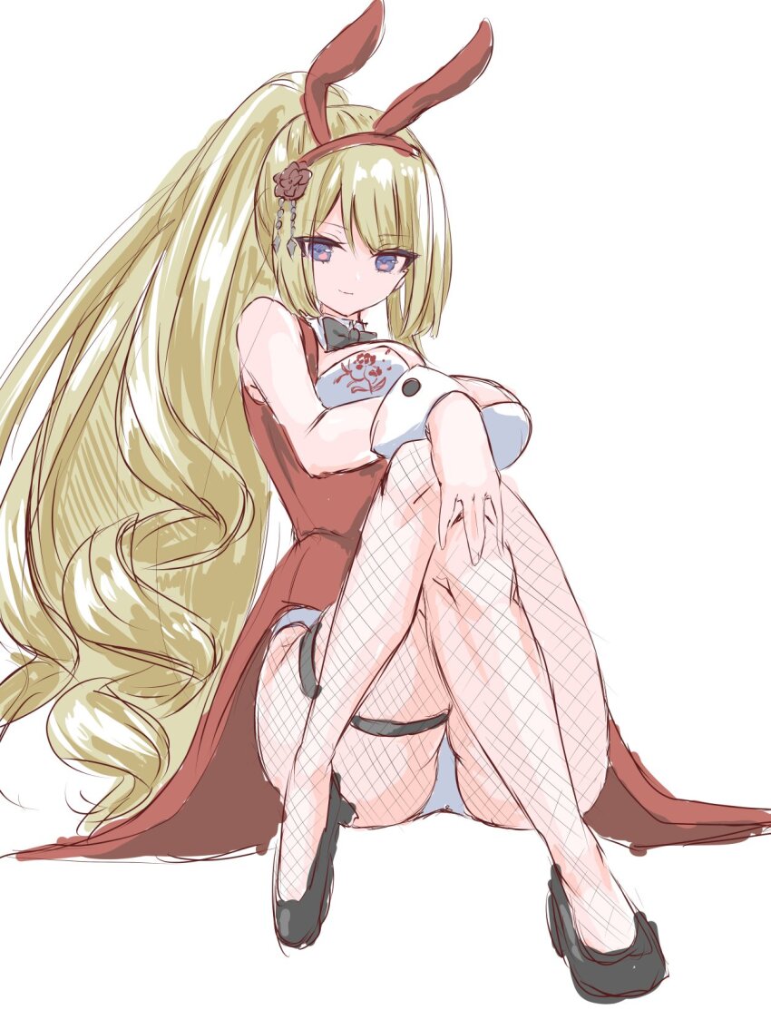 1girl, animal_ears, arm_on_knee, assault_lily, bare_shoulders, black_bow, black_bowtie, black_footwear, black_pantyhose, bow, bowtie, breasts, brown_flower, closed_mouth, coattails, crossed_legs, detached_collar, fake_animal_ears, fishnet_pantyhose, fishnets, flower, full_body, hair_flower, hair_ornament, hairband, high_heels, high_ponytail, highres, knees_up, large_breasts, leotard, leotard_under_clothes, light_smile, long_hair, looking_at_viewer, miyagawa_takane, neni_hatahachi, official_alternate_costume, official_alternate_hairstyle, pantyhose, playboy_bunny, ponytail, pumps, purple_eyes, rabbit_ears, red_hairband, red_vest, simple_background, sitting, sketch, solo, strapless, strapless_leotard, tailcoat, thigh_strap, very_long_hair, vest, wavy_hair, white_background, white_leotard, wrist_cuffs