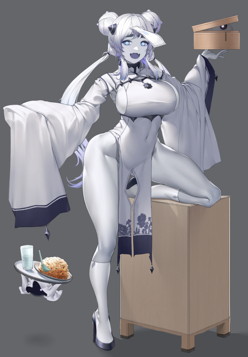 1girl, :d, abyssal_ship, bamboo_steamer, blue_eyes, breasts, china_dress, chinese_clothes