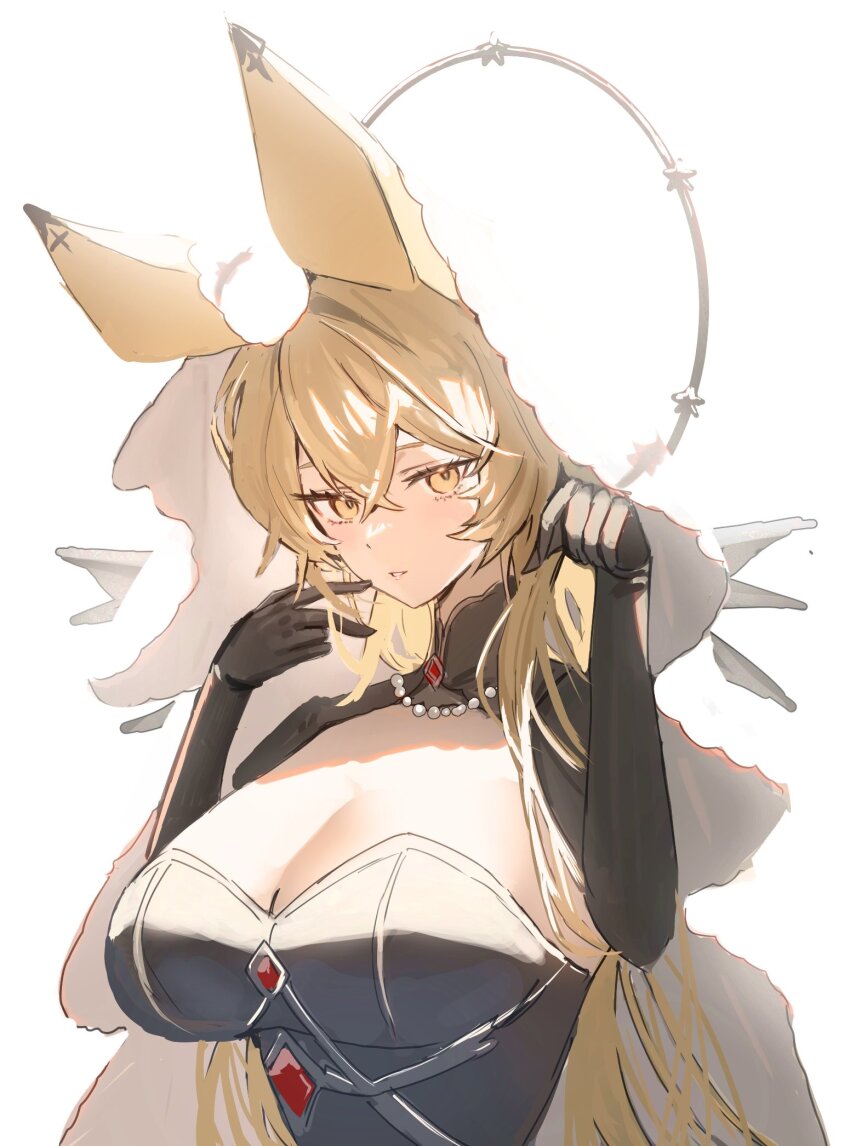 1girl, animal_ears, arknights, black_dress, black_gloves, blonde_hair, breasts, cleavage