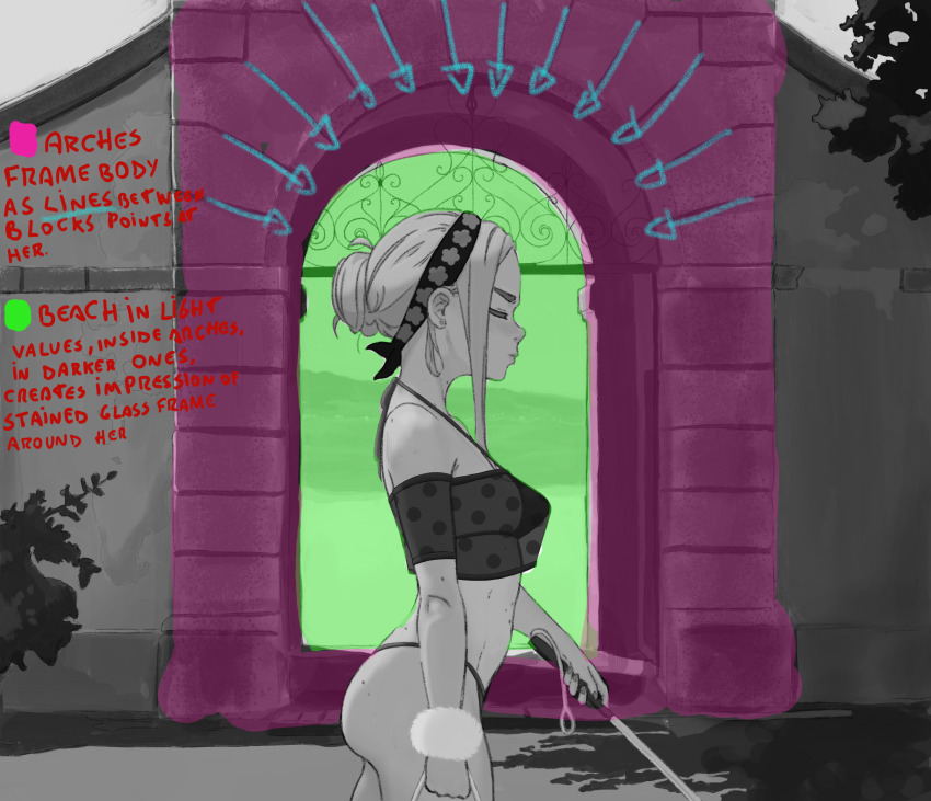 1girl, agata_(moitasart), ass, beach, bikini, blind, blonde_hair, blush