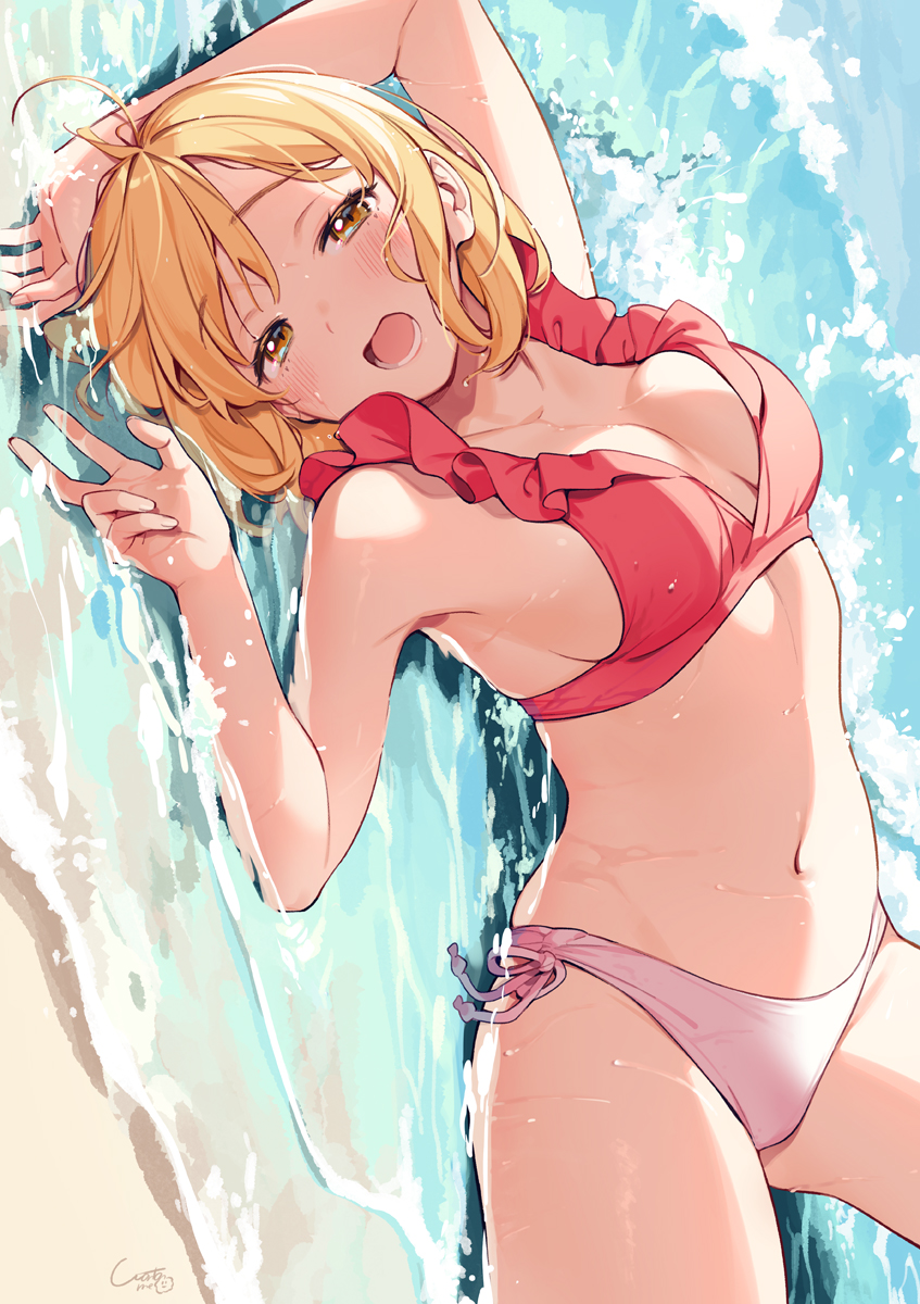 1girl, arm_up, beach, bikini, blonde_hair, blush, breasts, brown_eyes