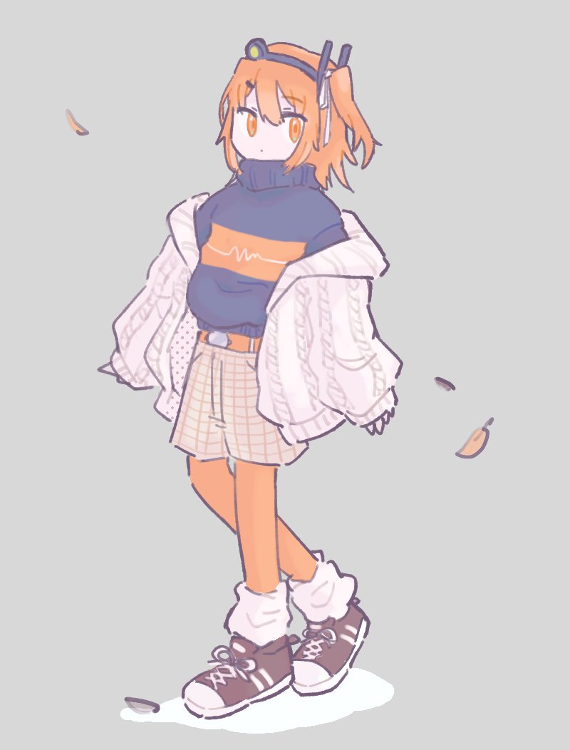 1girl, a.i._voice, adachi_rei, adapted_costume, aran_sweater, arms_at_sides, autumn_leaves, belt