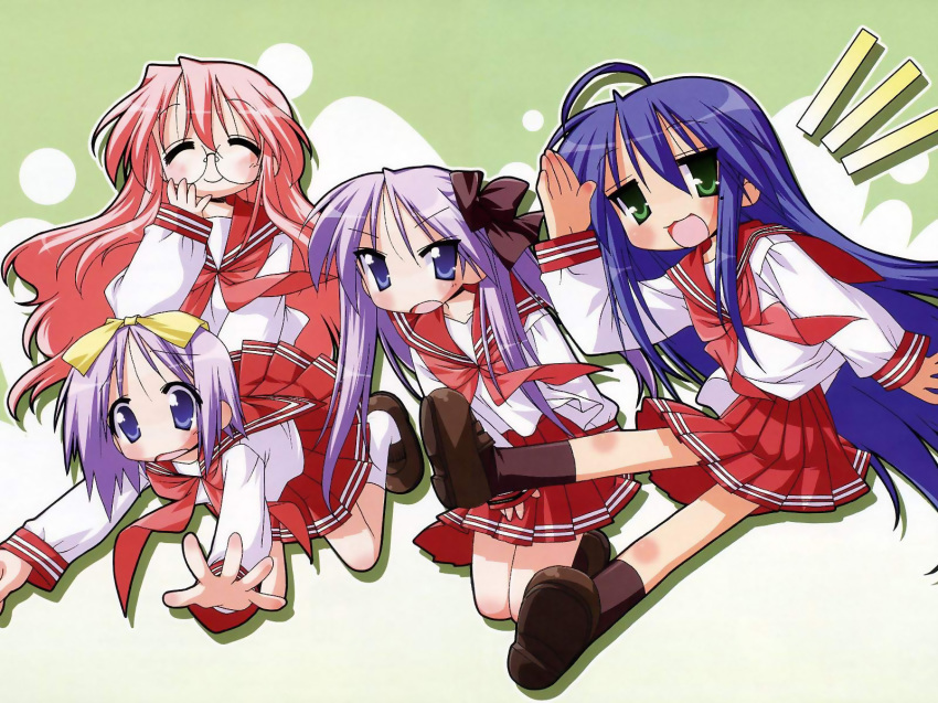 00s, 4girls, :3, ahoge, blue_eyes, blue_hair, blush, bow