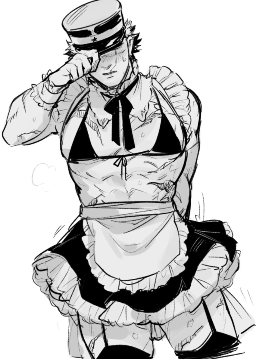 1boy, abs, alternate_costume, aoi_(husiginokuninoa), apron, bara, bra, crossdressing, crossdressing_(mtf), enmaided, feet_out_of_frame, frilled_skirt, frills, golden_kamuy, greyscale, hat, hat_over_eyes, highres, kepi, large_pectorals, maid, maid_apron, male_focus, male_maid, military_hat, monochrome, muscular, muscular_male, pectorals, revealing_clothes, scar, scar_on_face, scar_on_leg, scar_on_mouth, scar_on_nose, short_hair, shy, sidepec, skirt, solo, standing, sugimoto_saichi, sweatdrop, thighhighs, thighs, underwear, waist_apron, zettai_ryouiki