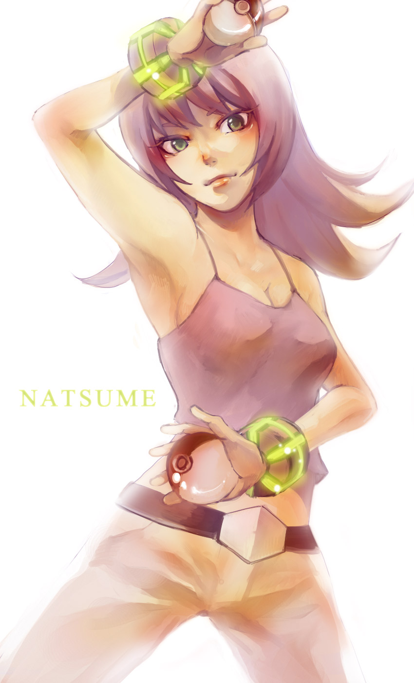 00s, 1girl, armpits, bangle, belt, bracelet, camisole, character_name, cowboy_shot, female_focus, flipped_hair, glowing, gym_leader, highres, holding, holding_poke_ball, jewelry, makoto1009, nintendo, poke_ball, poke_ball_(basic), pokemon, pokemon_heartgold_and_soulsilver, purple_hair, sabrina_(pokemon), simple_background, solo, white_background