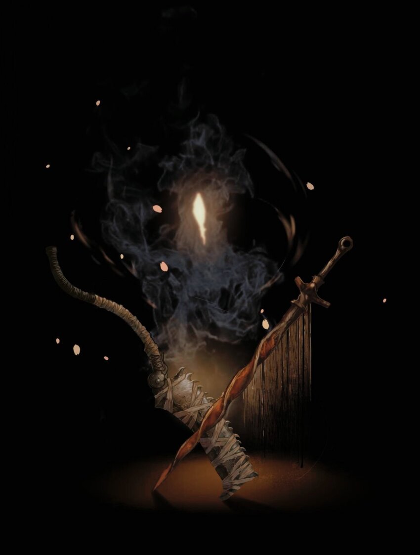 black_background, bloodborne, dark_souls_(series), embers, highres, humanity_(dark_souls), no_humans, saw