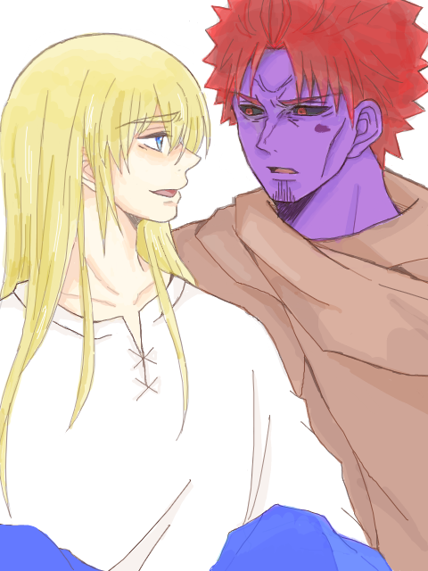 2boys, birthmark, black_sclera, blonde_hair, blue_eyes, cloak, colored_sclera, colored_skin