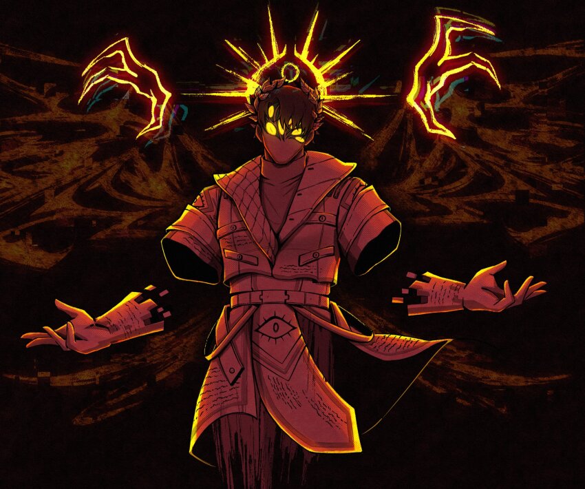 1boy, 4indroid, black_hair, e.g.o_(project_moon), extra_eyes, highres, laurel_crown, limbus_company