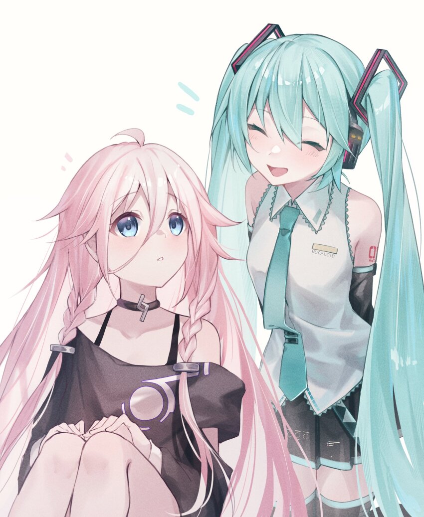 2girls, ahoge, aqua_hair, aqua_necktie, arm_tattoo, black_shirt, black_skirt, black_sleeves