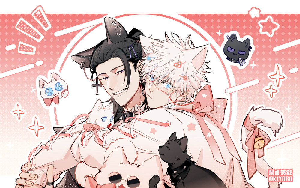 2boys, akutami_gege_(avatar), animal_ears, artist_name, bell, black_cat, black_hair, blue_eyes