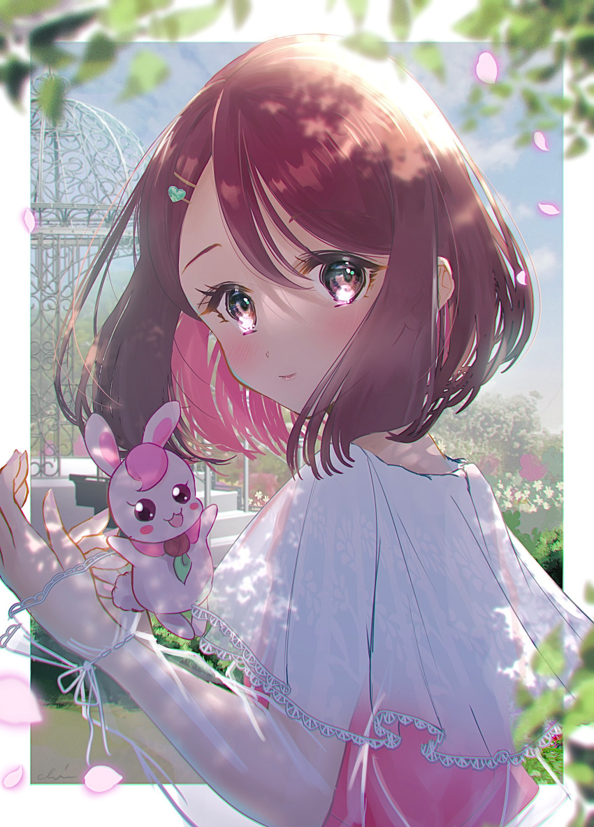 1girl, absurdres, blurry, blurry_foreground, brown_eyes, brown_hair, capelet, closed_mouth