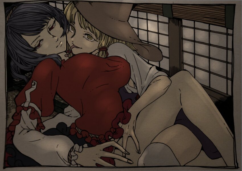 2girls, :>, architecture, black_skirt, blonde_hair, blue_hair, bow, breasts