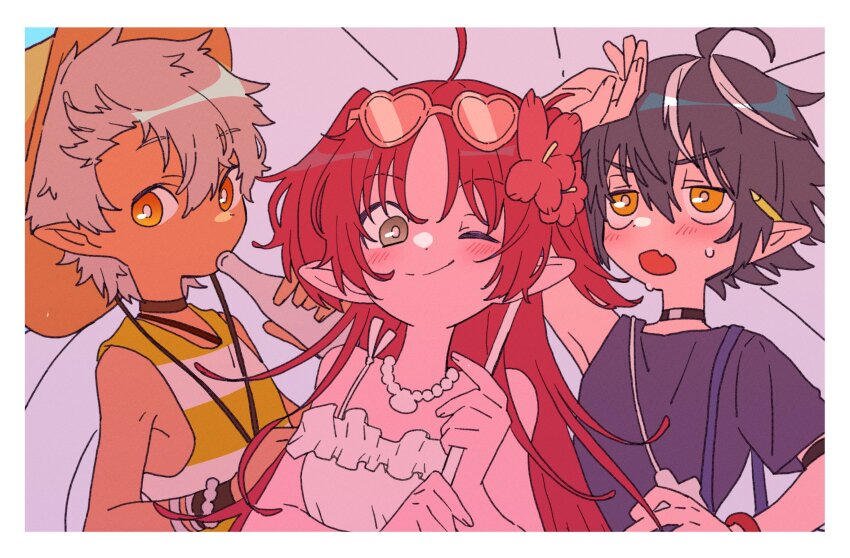 1girl, 2boys, arknights, black_choker, black_hair, black_shirt, blush, chestnut_(arknights), chestnut_(holiday)_(arknights), choker, closed_mouth, eyewear_on_head, green_eyes, heart, heart-shaped_eyewear, highres, holding, holding_umbrella, jewelry, long_hair, looking_at_viewer, minimalist_(arknights), minimalist_(holiday)_(arknights), multicolored_hair, multiple_boys, myrtle_(arknights), myrtle_(summer_flowers)_(arknights), necklace, nploser, one_eye_closed, parasol, pencil_behind_ear, pointy_ears, red_hair, shirt, short_sleeves, smile, streaked_hair, striped_clothes, striped_shirt, sunglasses, umbrella, very_long_hair