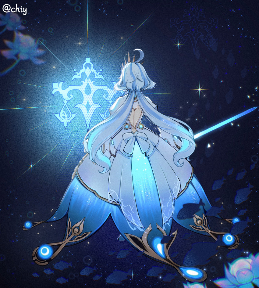 1girl, ahoge, back, back_cutout, blue_hair, clothing_cutout, crown, dress